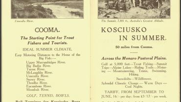 Page 32 - Cooma, the starting point for trout fishers and tourists. Photo of Umeralla River. Page 33 - Kosciusko in summer. Photo of The Summit, 7305 ft, Australia’s Greatest Altitude. Digital ID 16410_a111_11a_000022_p32-33