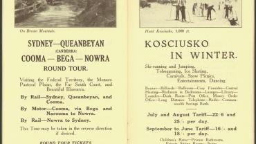 Page 34 - Sydney to Queanbeyan & Cooma to Bega & Nowra round tour. Photo on Brown Mountain. Page 35 - Kosciusko in winter. Ski-running and jumping, tobogganing, ice skating, carnivals, snow picnics, entertainments, dancing. ID 16410_a111_11a_000022_p34-35