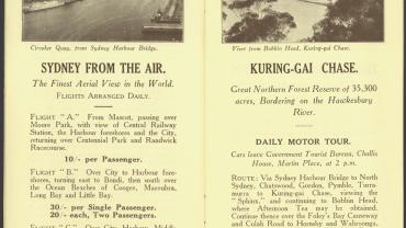 Pages 8 - Sydney from the air, finest aerial view in the world. Circular Quay from SHB. Page 9 - Kuring-Gai Chase, great northern forest of 35,000 acres, bordering on Hawkesbury River. View from Bobbin Head, Kuring-gai Chase. ID 16410_a111_11a_000022_p8-9