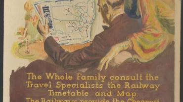 The whole family consult the Travel Specialists the Railway Timetable and Map. Seven Thousand Miles of Railway Service the Great State. Album is dated 1936-1938. Digital ID 16410_a111_54a_000023a