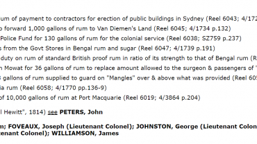 Screenshot showing Col Sec entries for Rum and Rum Rebellion