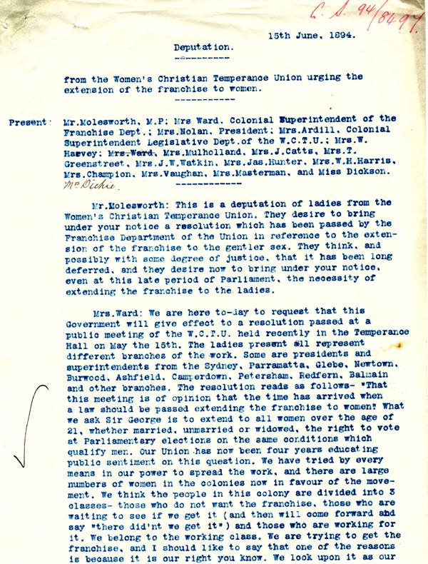 Typed transcript of a meeting between the Colonial Secretary, Sir George Dibbs, and the CWTU. NRS 922, Letter 94-8497 in 5-6205