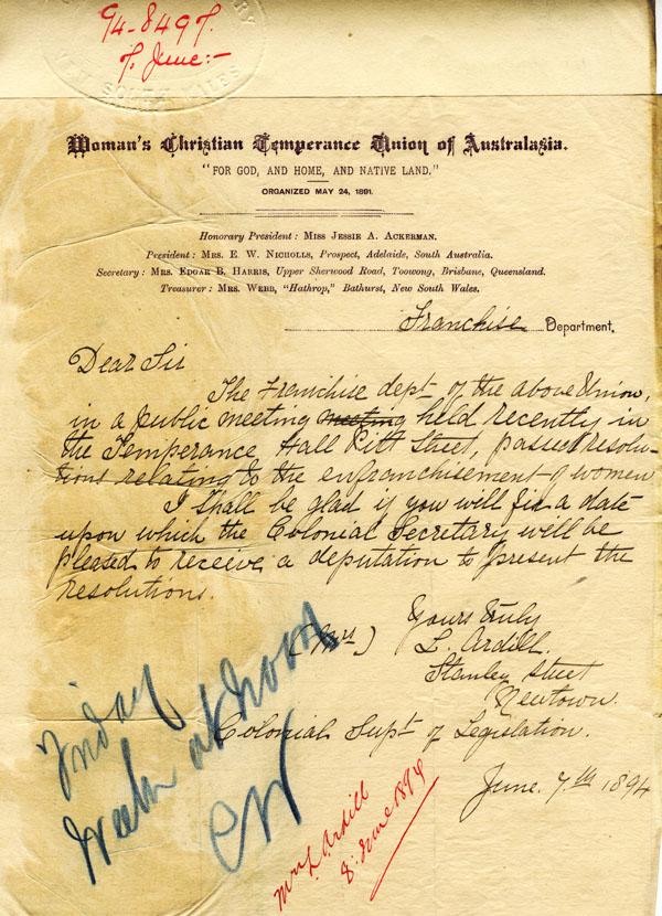 Letter from the Woman&#039;s Christian Temperance Union (CWTU) asking for a meeting with the Colonial Secretary. NRS 922, Letter 94/8497 in 5/6205