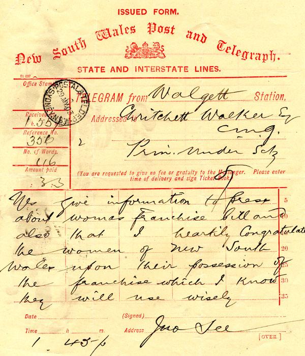 Telegram from the Principal Under Secretary, dated May 1903, on the passing of the Women&#039;s Franchise Act. NRS 922 M6785-B in 5-6769