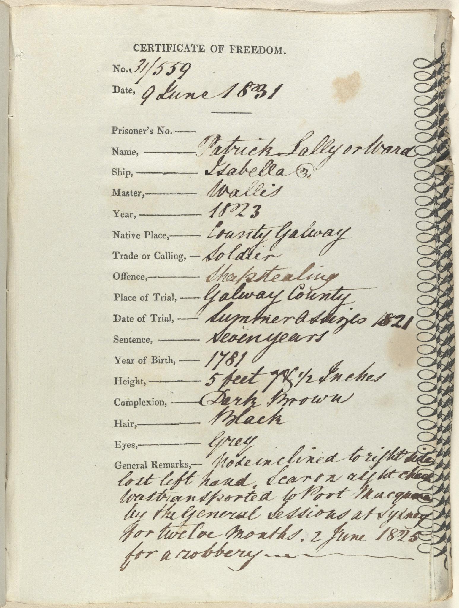 Certificate of Freedom Patrick Lally 31-559 NRS 12210 4-4306