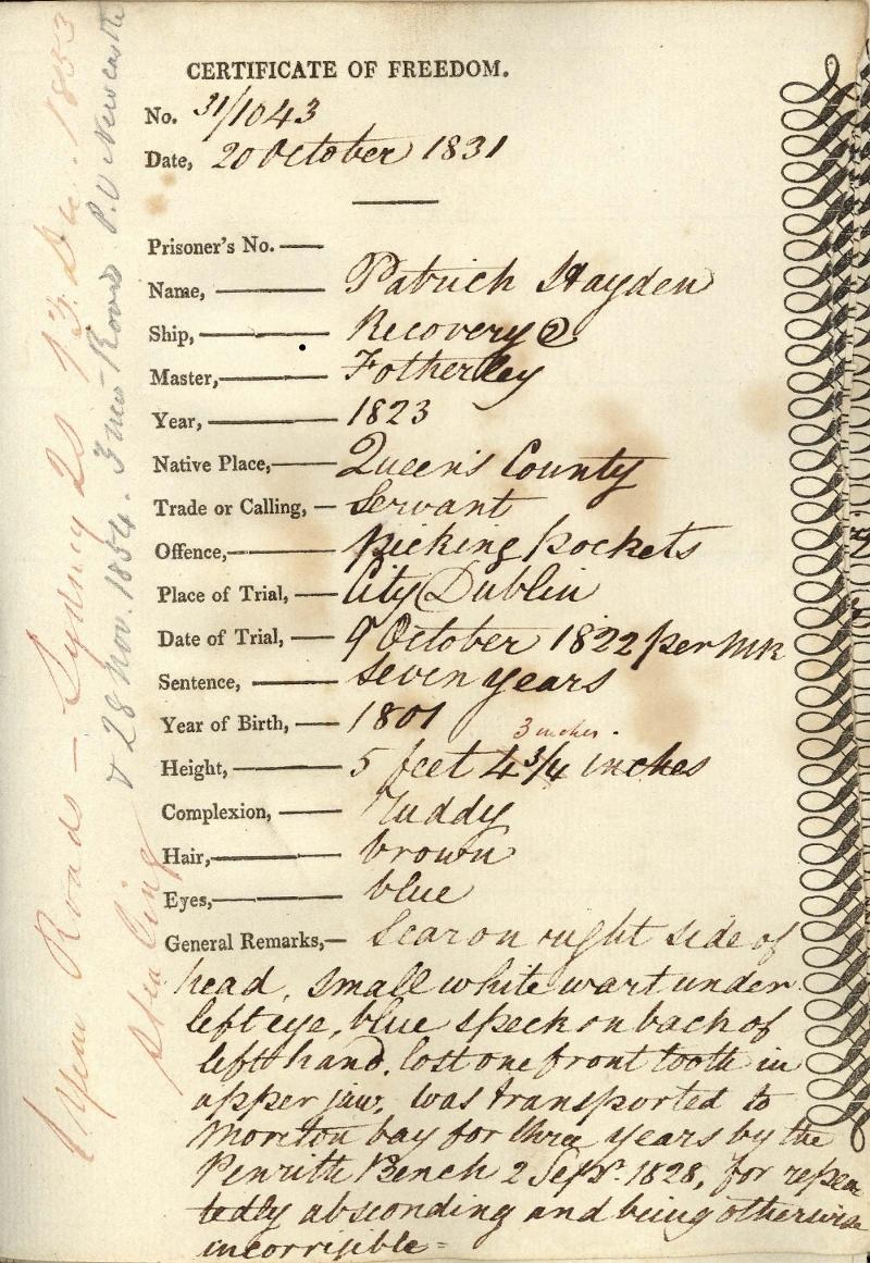 Certificate of Freedom for Patrick Hayden, 1831 4_4308_31_1043