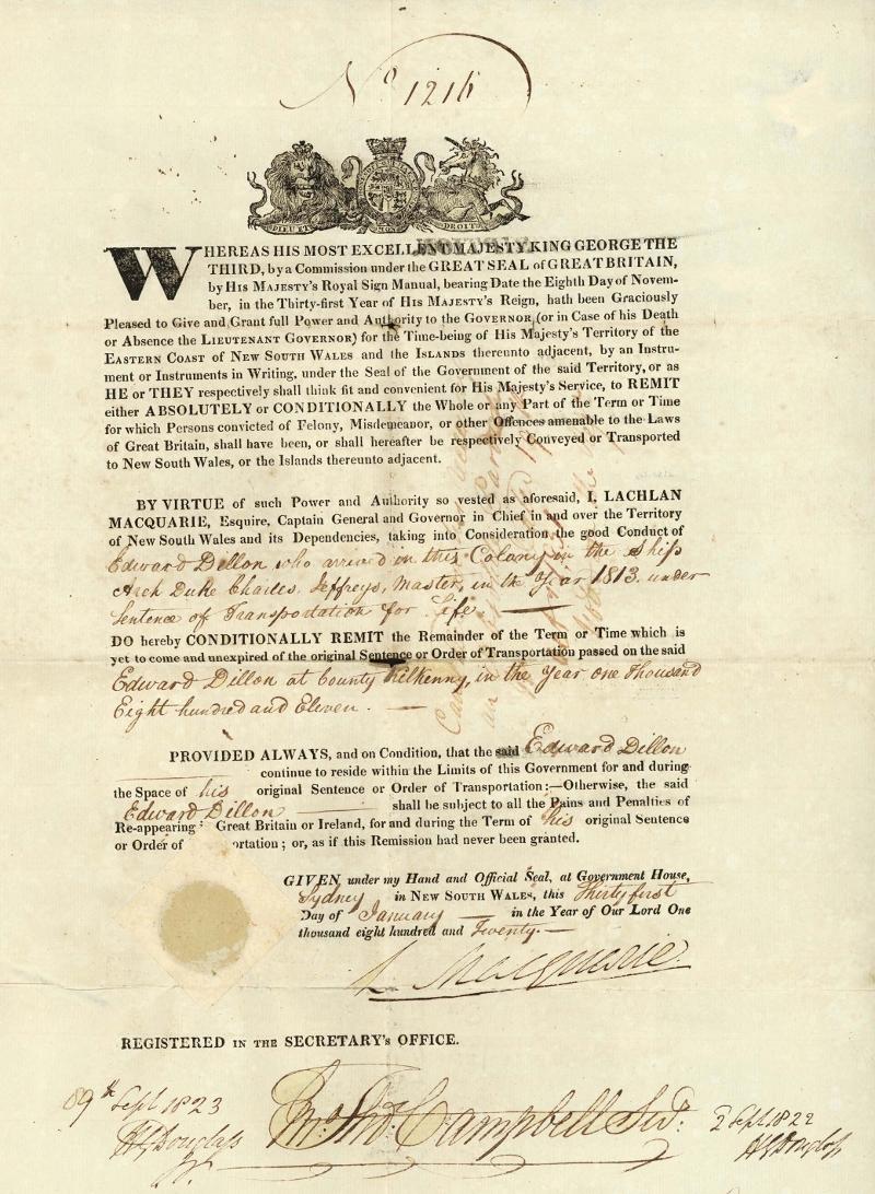 A rare example of a Macquarie pardon. Edward Dillon’s conditional pardon No. 1216 signed by Governor Lachlan Macquarie, registered 31 January 1820 4-1124