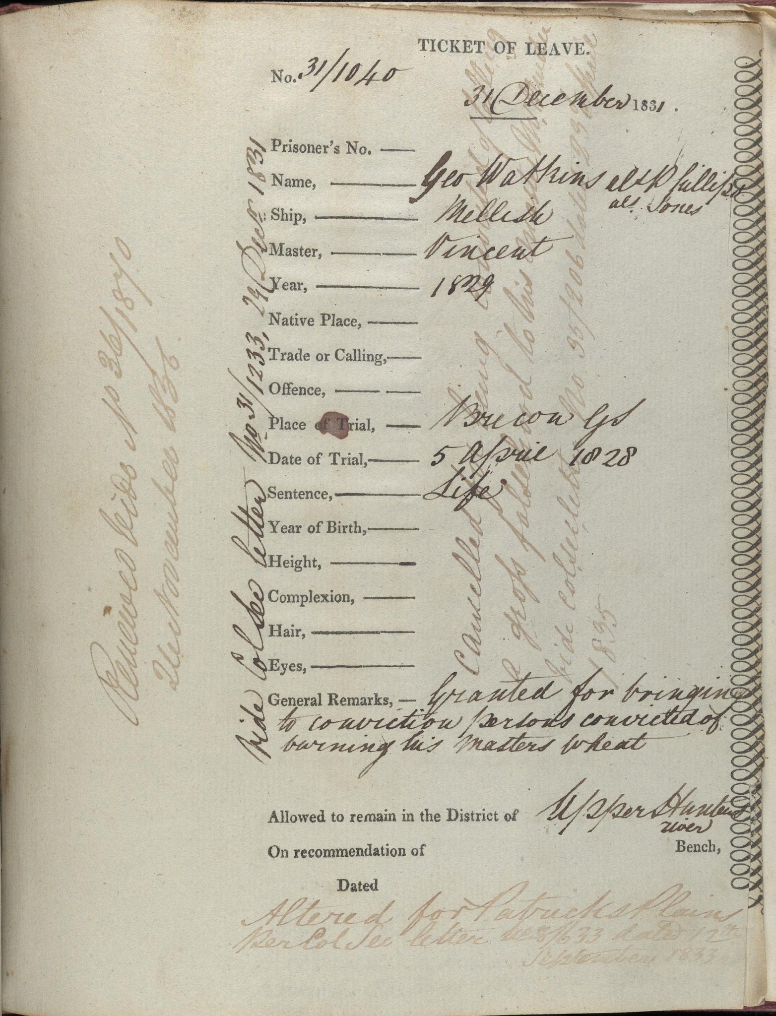 Ticket of Leave - George Watkins No. 31/1040. NRS 12202