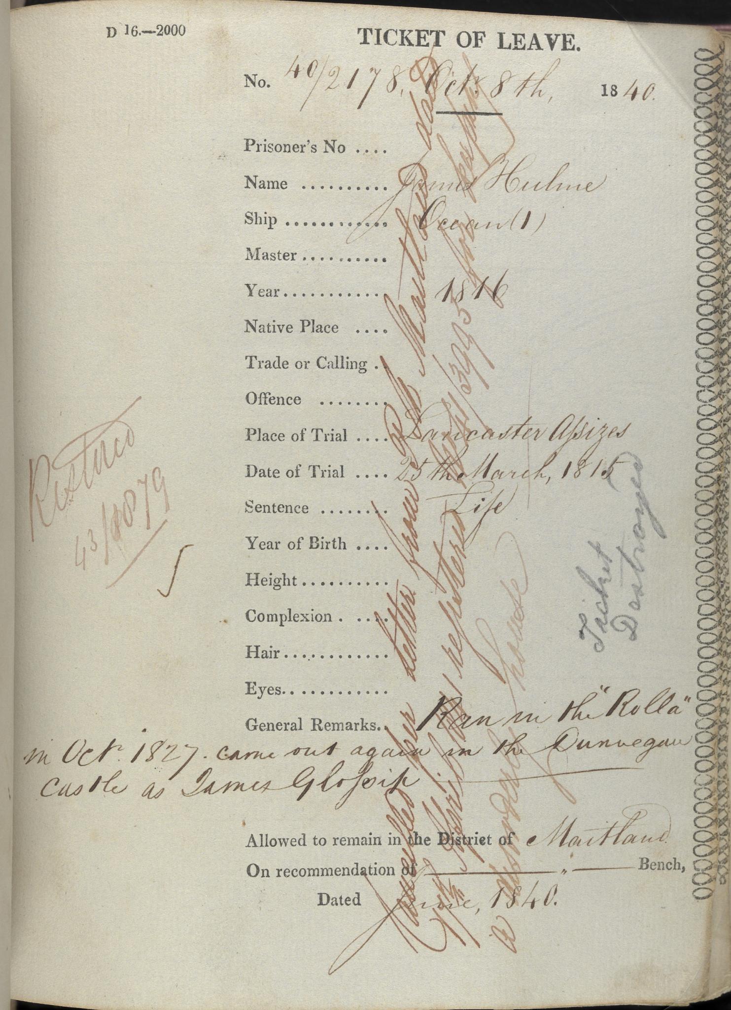 Ticket of Leave - James Hulme No. 40/2178. NRS 12202