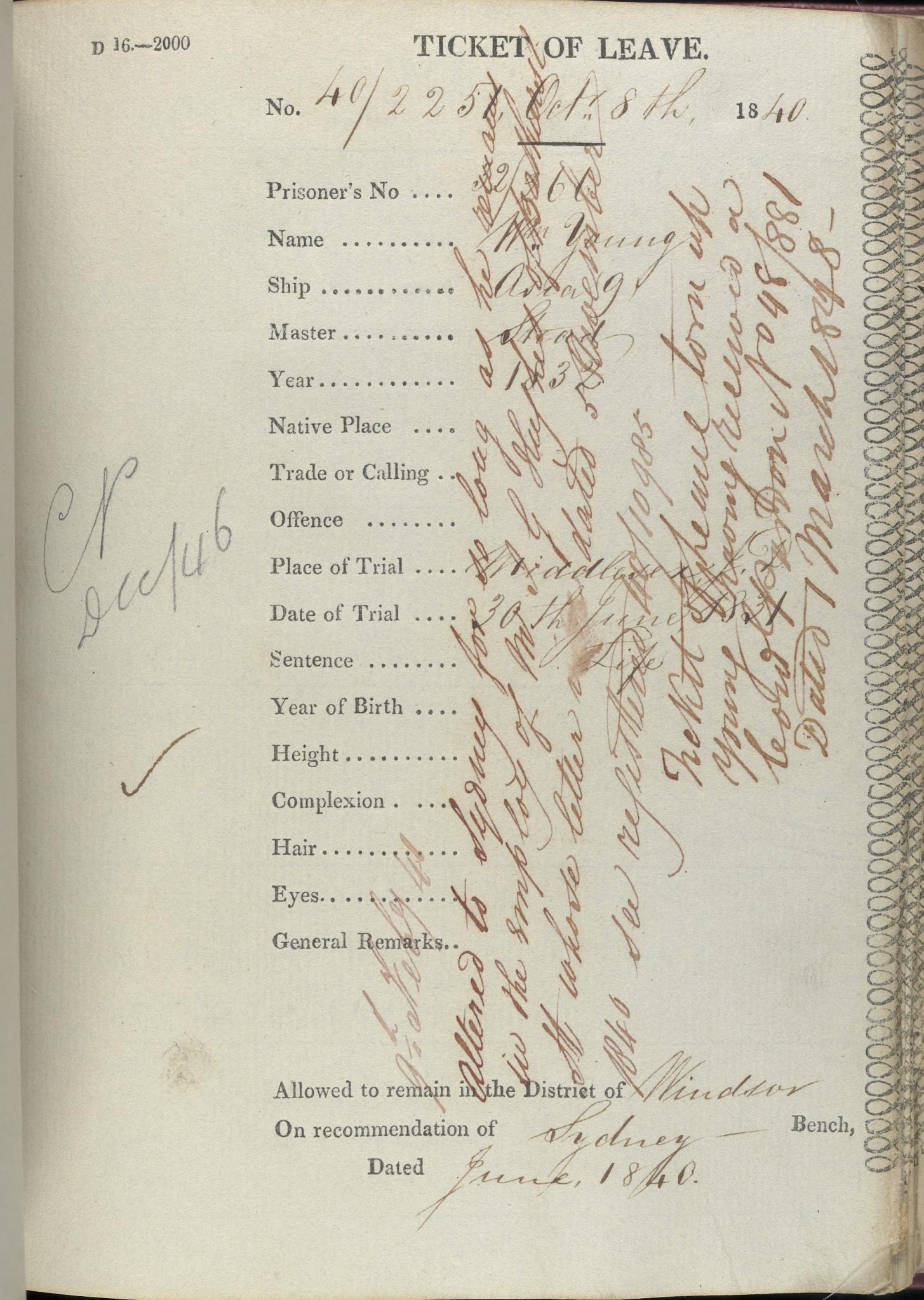 Ticket of Leave - William Young No 40/2251. NRS 12202