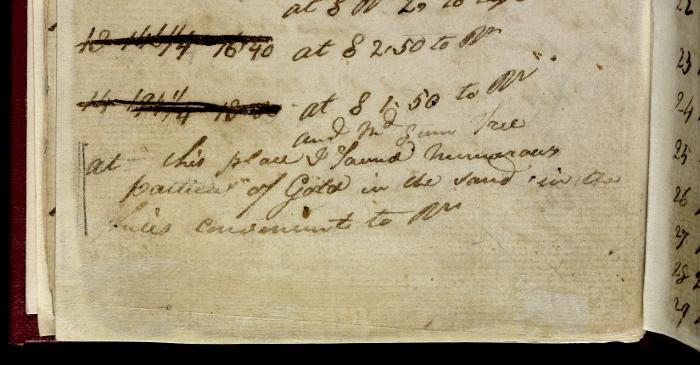 Surveyor McBrien&#039;s field book entry recording existence of gold particles near Bathurst in 1823. NRS 13889 2-4847 p60