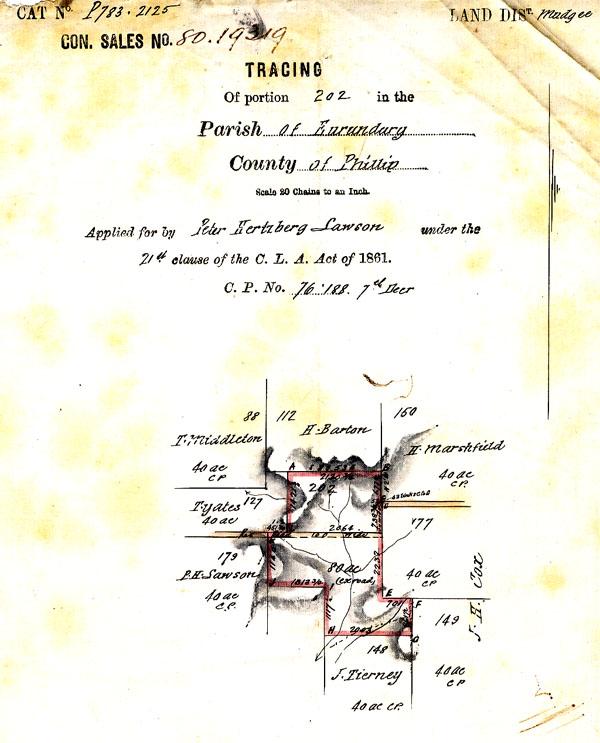 Tracing of Conditional Purchase 76-188 in Eurunderee, near Mudgee that belonged to Peter Lawson, passing to his wife, Louisa, on his death. NRS 8103 10-19082 letter 02-14322