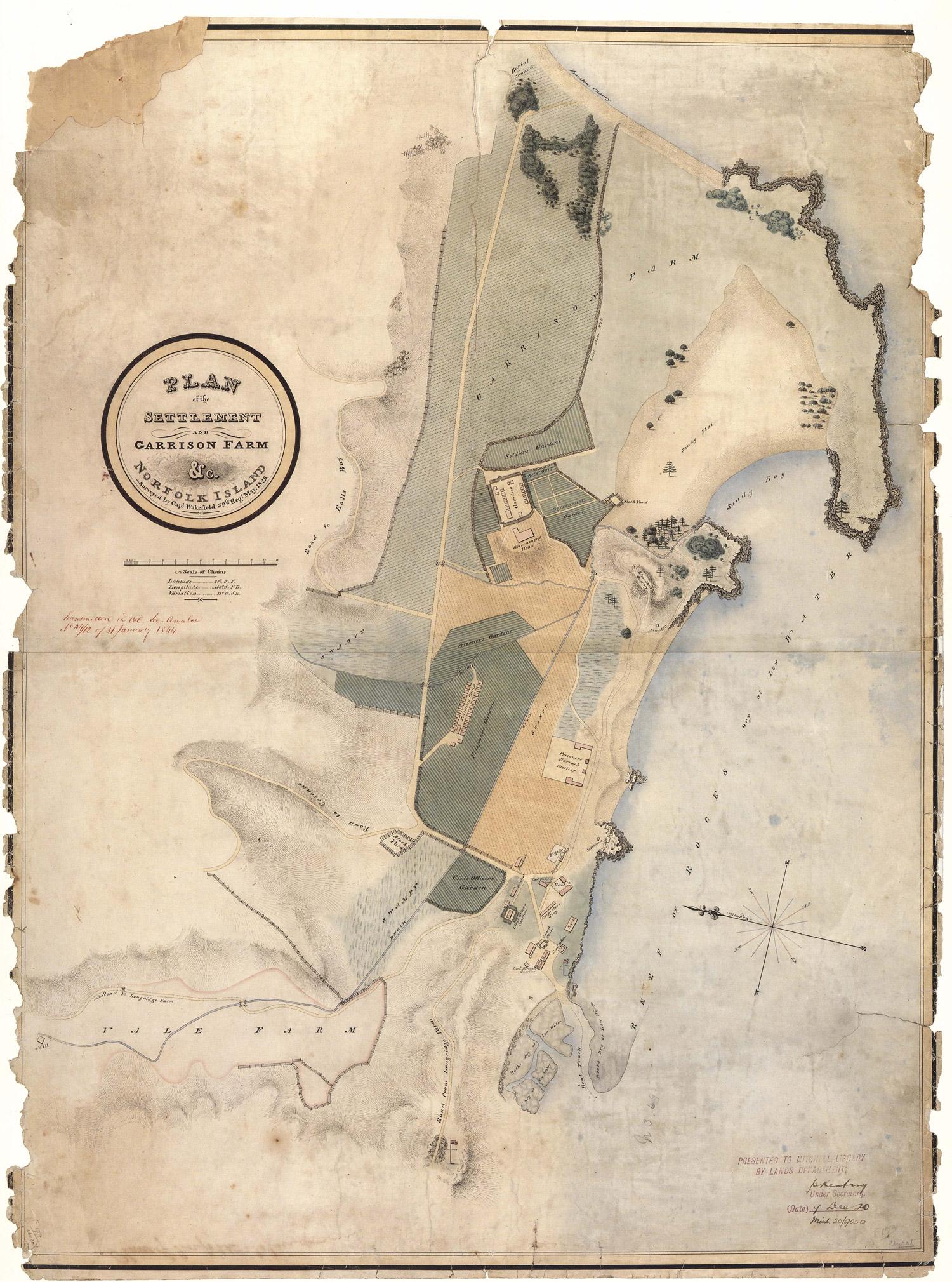 Plan of the settlement and Garrison Farm, Norfolk Island, by Captain Wakefield, May 1829. NRS 13859 Map 6321