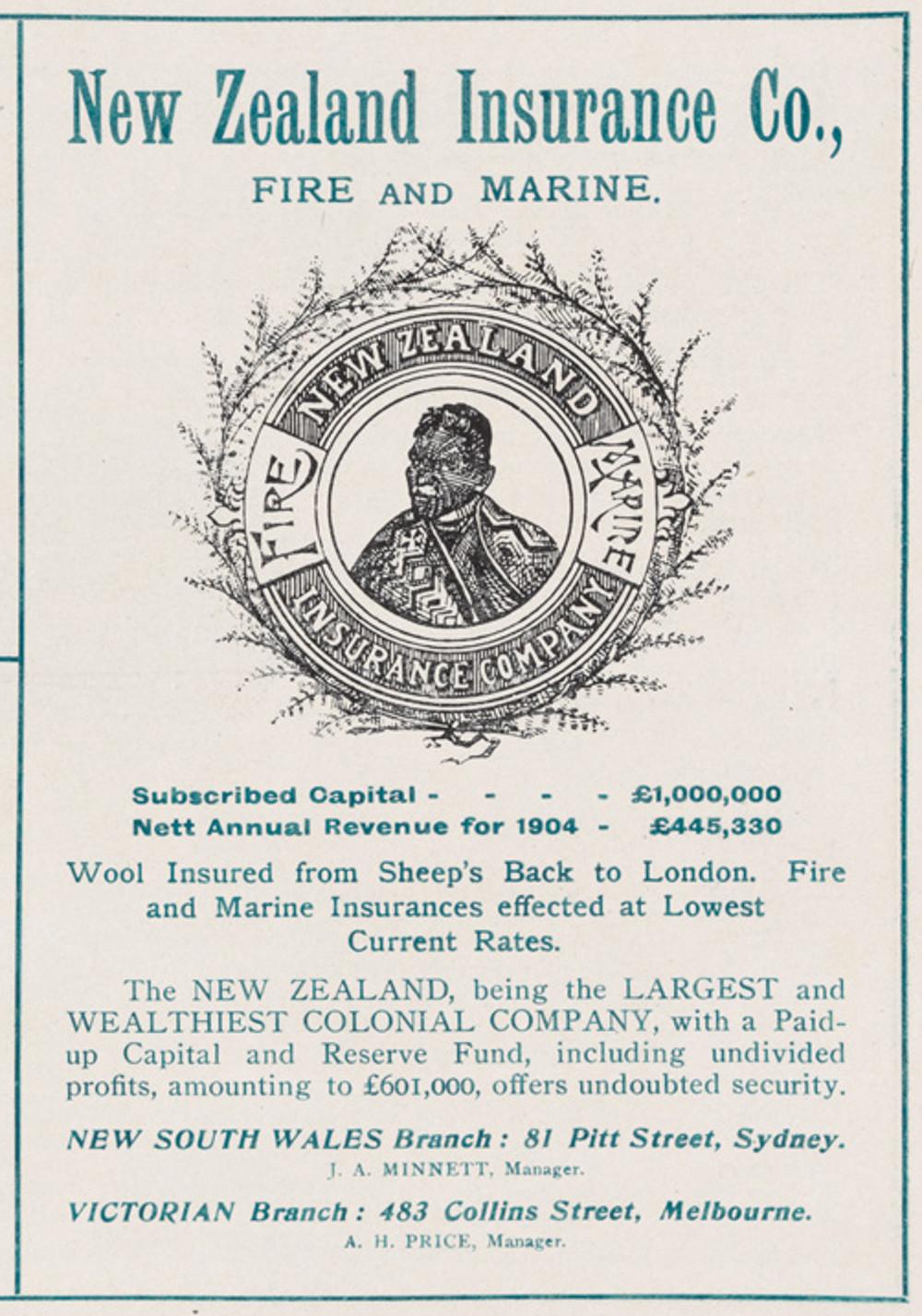 Advertisement for NZ Insurance. From Railway Tourist Guides: Tourists Handbook of Australia, 1905. NRS 16407-1-1-13 p137