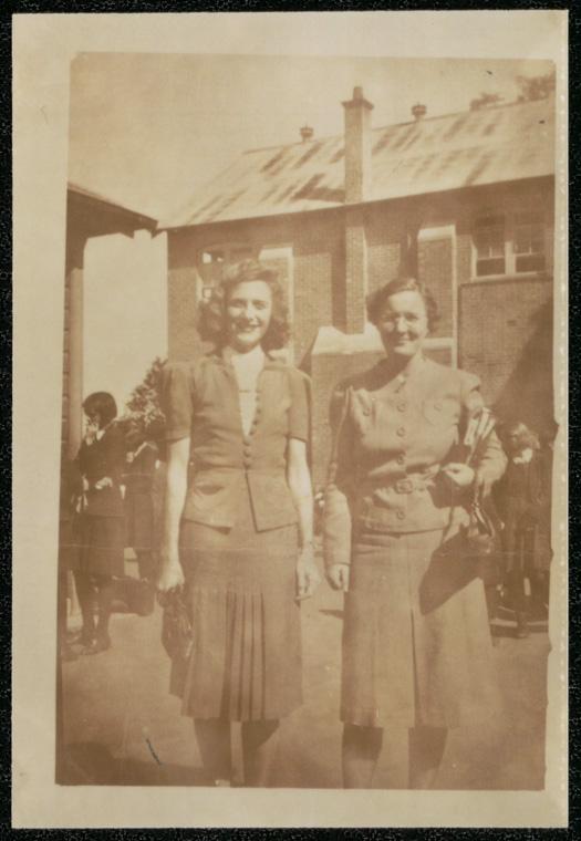 Hornsby Public School -Hornsby Home Science School, Teachers in playground, Mrs G Spratt and Mrs Doig, c.1940. Digital ID 15051_a047_006628