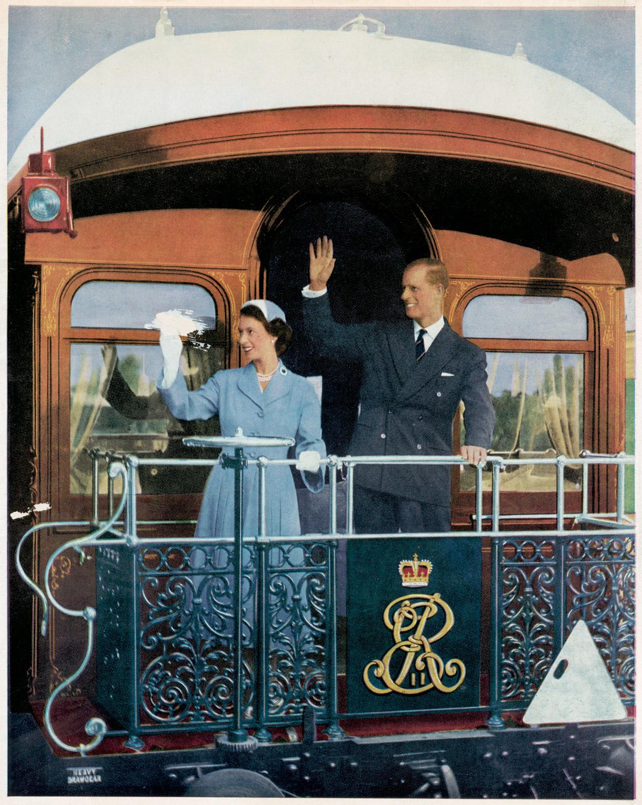 Queen Elizabeth II and the Duke of Edinburgh on the Royal train at Bathurst, 1954