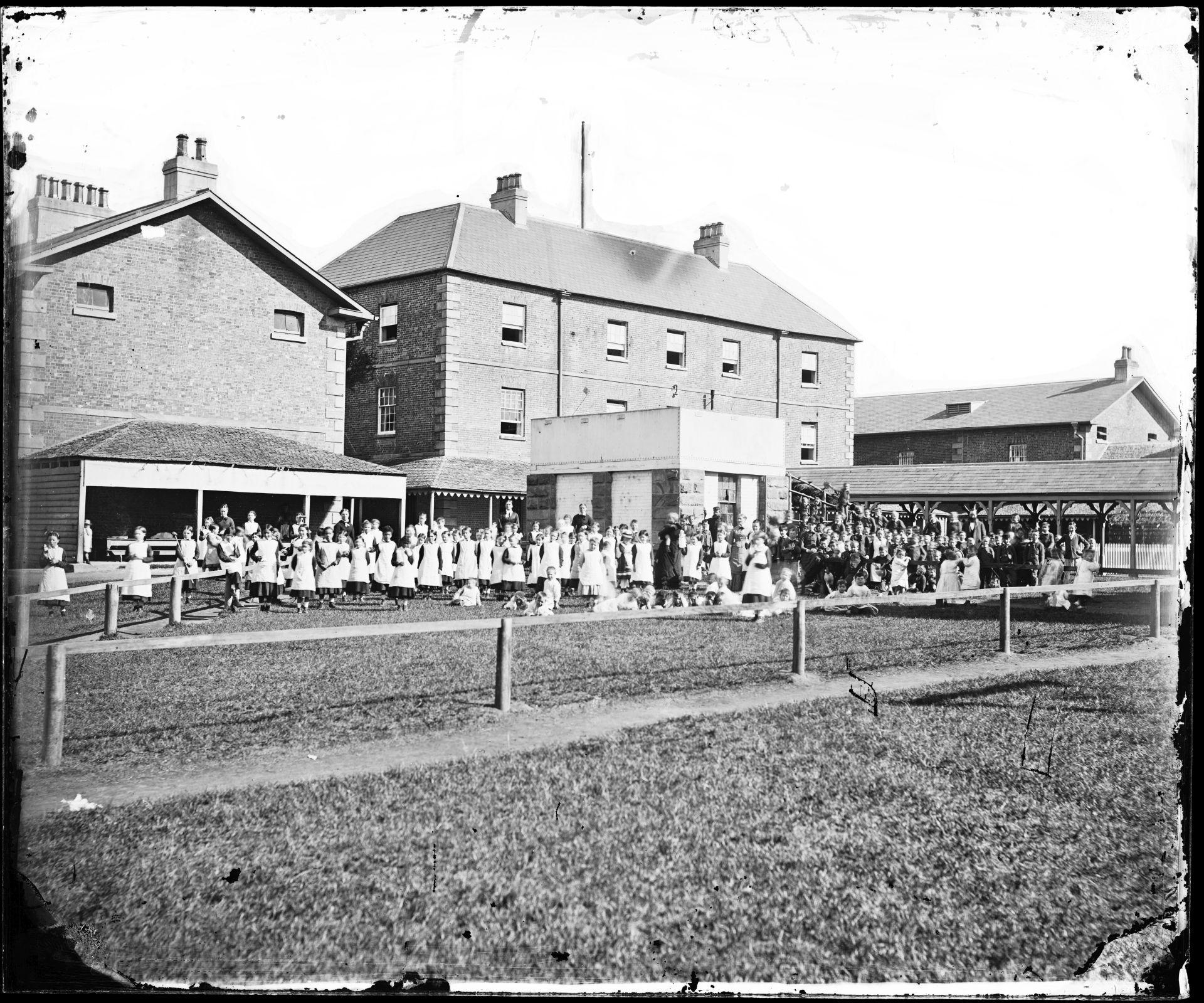 Protestant Orphan School, Parramatta: girls in playground, no date. GPO 1-06134. NRS-4481-[7-16222] Sh1730