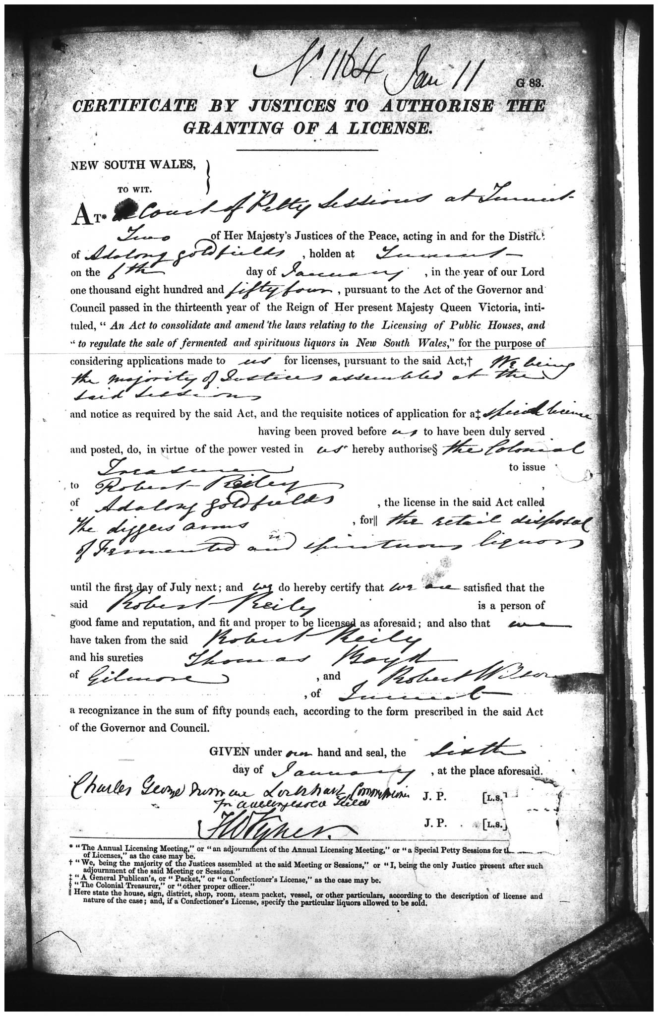 Publican Licence #1164 for Robert Reilly, The Diggers Arms 6 Jan 1854. NRS 14403 [4-86]; Reel 5064