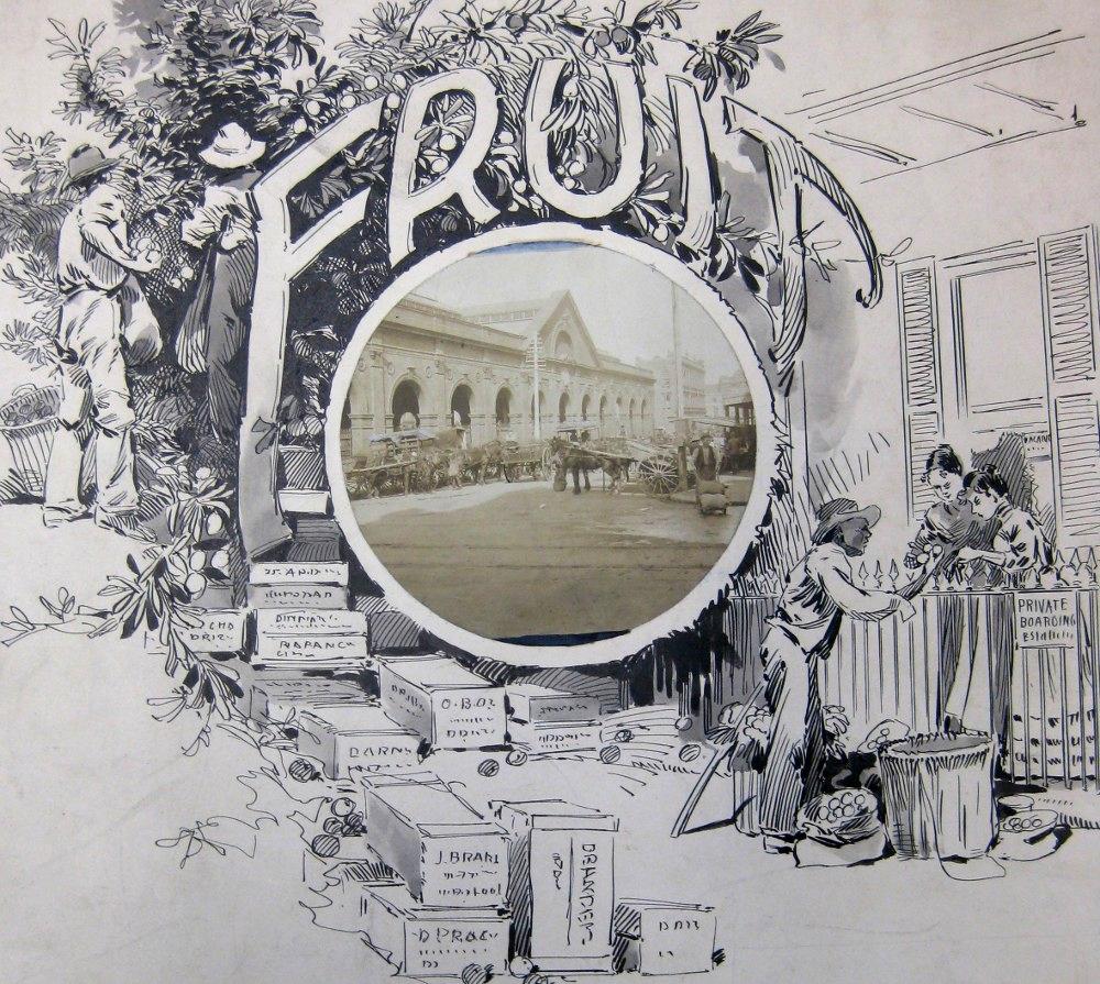 From a series of illustrations published in the NSW Agricultural Gazette. It depicts the flow of fruit from where it was grown on the farm, sold at market and then onsold to to the consumer, in this case a couple of women outside their home NRS 211 X873