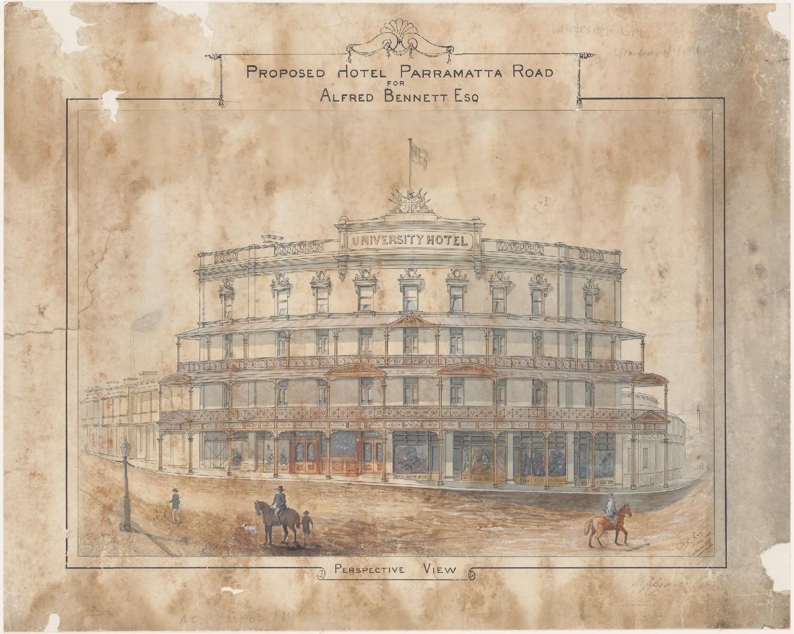 University Hotel, Parramatta Road, Glebe, Proposed hotel perspective, Applicant/owner, Alfred Bennett Esquire, Architect N C Day, Approved 21 January 1890