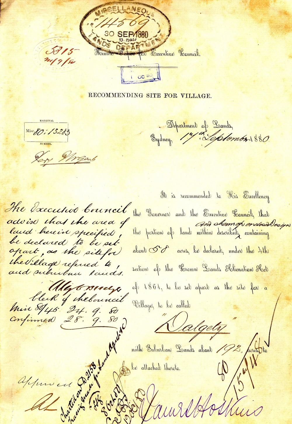 This is the recommendation that 58 acres be set aside for the establishment of Dalgety, dated 17 September 1880. NRS 8258 10-35519 letter 93-10195