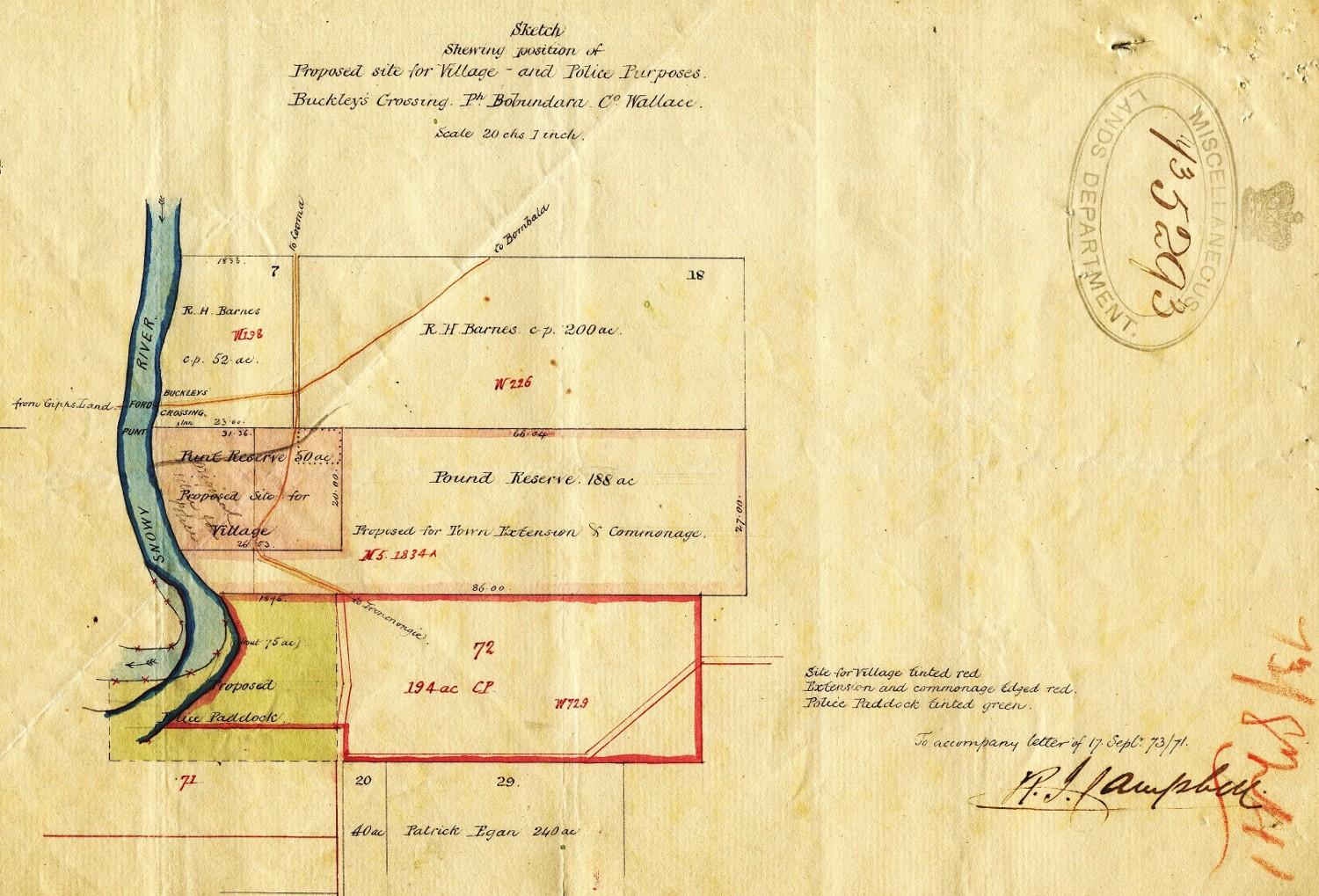 Sketch by Surveyor Campbell is his proposed layout for the village at Buckleys Crossing. It includes the Punt Reserve of 50 acres (red) as the proposed site. The police paddock (green) is set out along the Snowy River. NRS 8258 10-35517 letter 93-10195