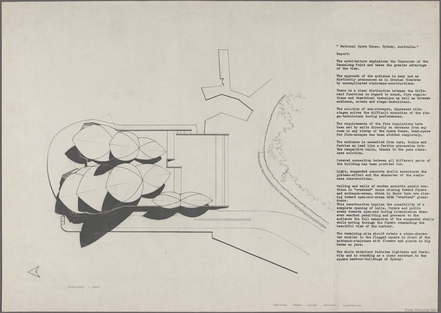 &#039;The architecture takes the greater advantage of the views...The audience is assembled from cars, trains and ferries and lead like a festive procession into the respective halls.&#039; Plan including report. NRS 12825 Item SZ112_02