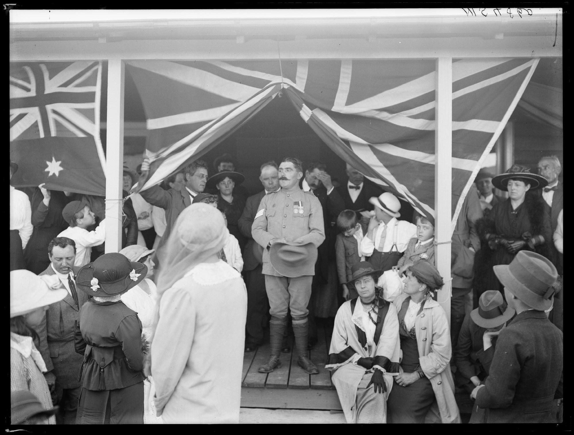 Sergeant John Degnin on 17 December 1916, at the presentation to him of ‘Mosman Cottage’, a house built by volunteers through the Frenchs Forest soldier settlement scheme